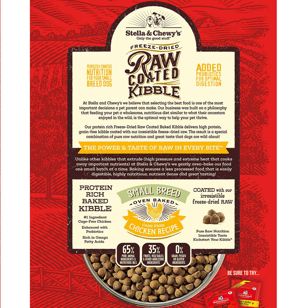Stella and Chewys Raw Coated Chicken Small Breed Dry Dog Food back packaging
