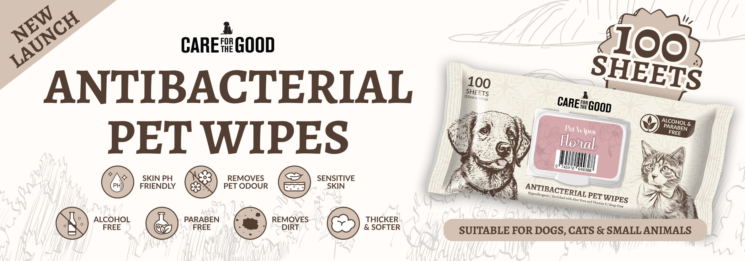 Care For The Good Antibacterial Pet Wipes Unscented 100s