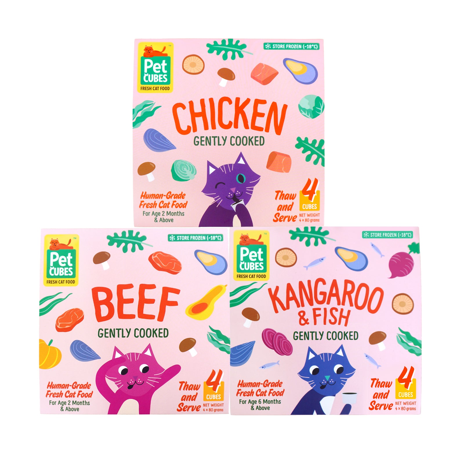 PetCubes Gently Cooked Frozen Cat Food - Kangaroo & Fish 1.28 kg Case