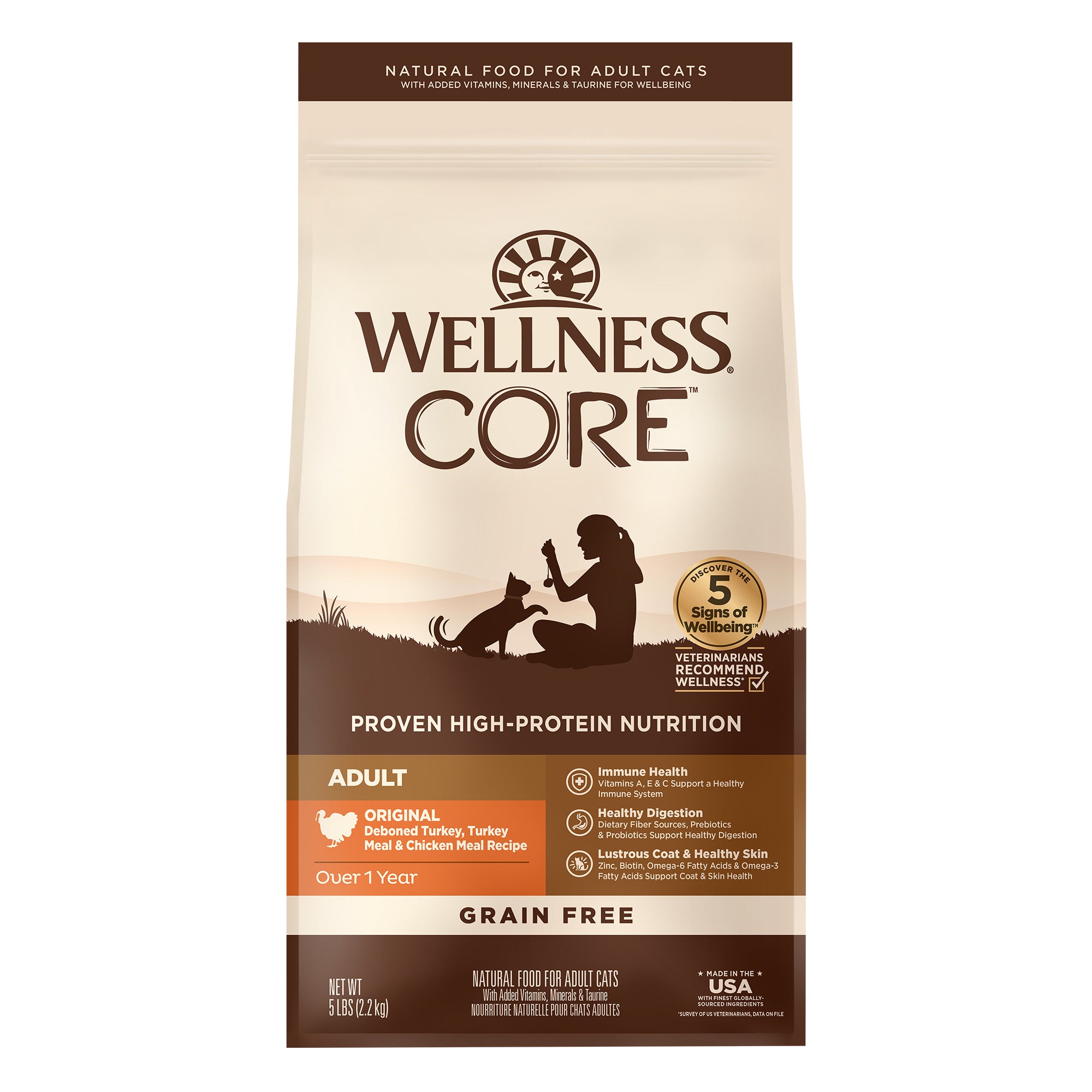 FREE PET WIPES: Wellness Core Original Turkey Grain Free Dry Cat Food 5lb 2.2kg