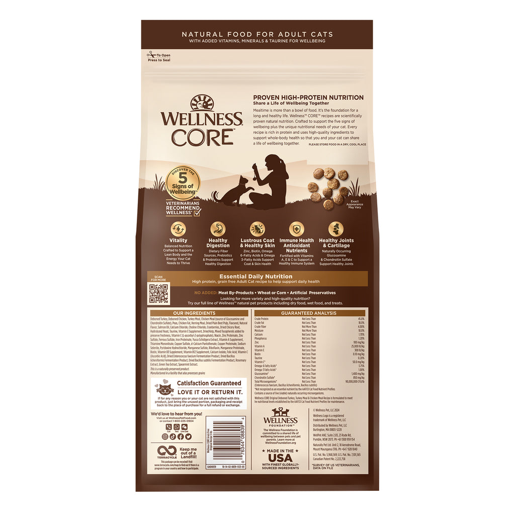 FREE PET WIPES: Wellness Core Original Turkey Grain Free Dry Cat Food 5lb 2.2kg