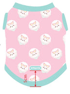Pink pet shirt with a repeating pattern of cute white sheep wearing pink sunglasses, featuring light blue trim and a red measurement indicator showing a 5cm height.