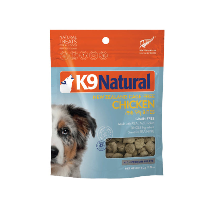 k9 natural freeze dried chicken healthy bites dog treat. orange and blue packaging