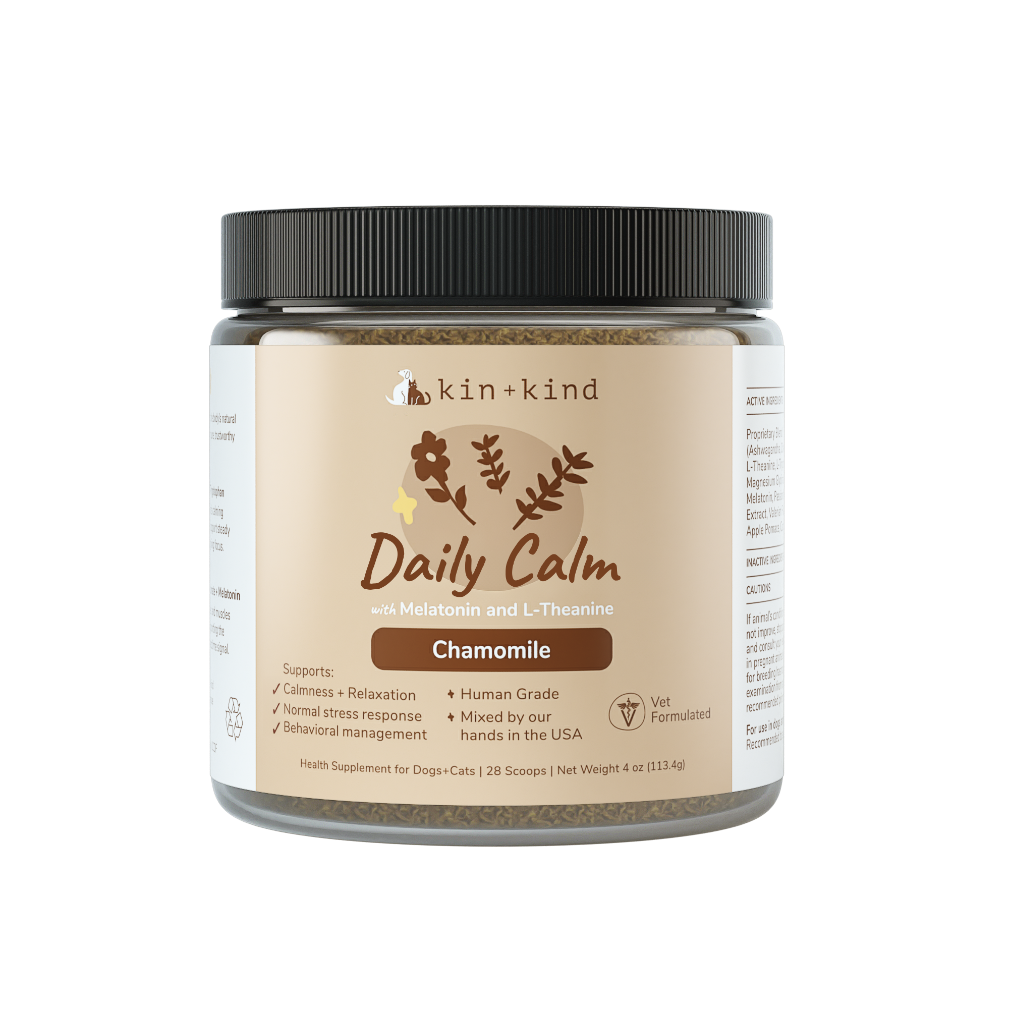 Kin + Kind Healthy Calm Supplement for Dogs & Cats 4oz 113.4g (Small Jar)