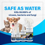 Four MicrosynAH pet wound and skin care products displayed against a promotional graphic background with a cat and dog. The text reads 'SAFE AS WATER' and 'Kills 99.