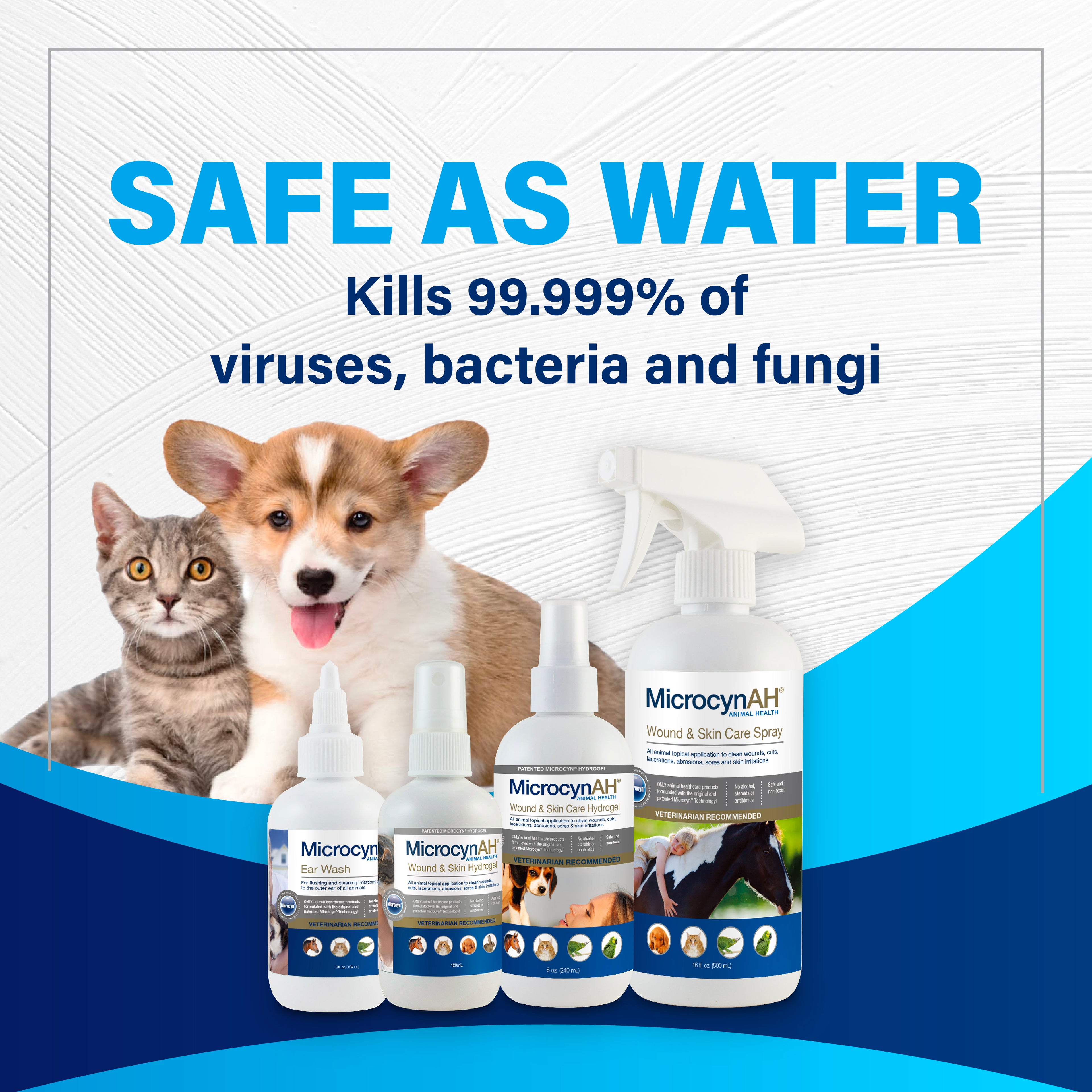 Four MicrosynAH pet wound and skin care products displayed against a promotional graphic background with a cat and dog. The text reads 'SAFE AS WATER' and 'Kills 99.