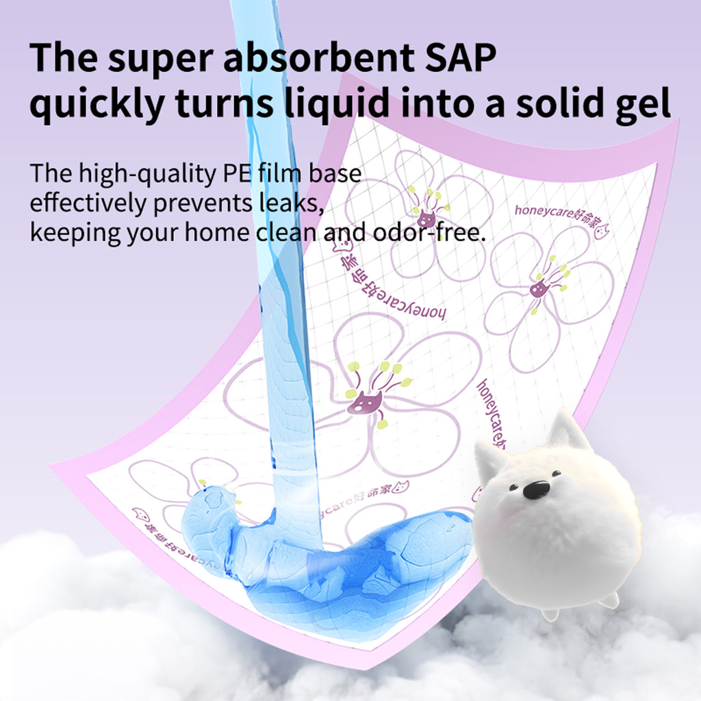 Pee Pad with text about super absorbent SAP turning liquid into a solid gel, preventing leaks, and keeping home clean and odor-free.