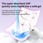 Pee Pad with text about super absorbent SAP turning liquid into a solid gel, preventing leaks, and keeping home clean and odor-free.