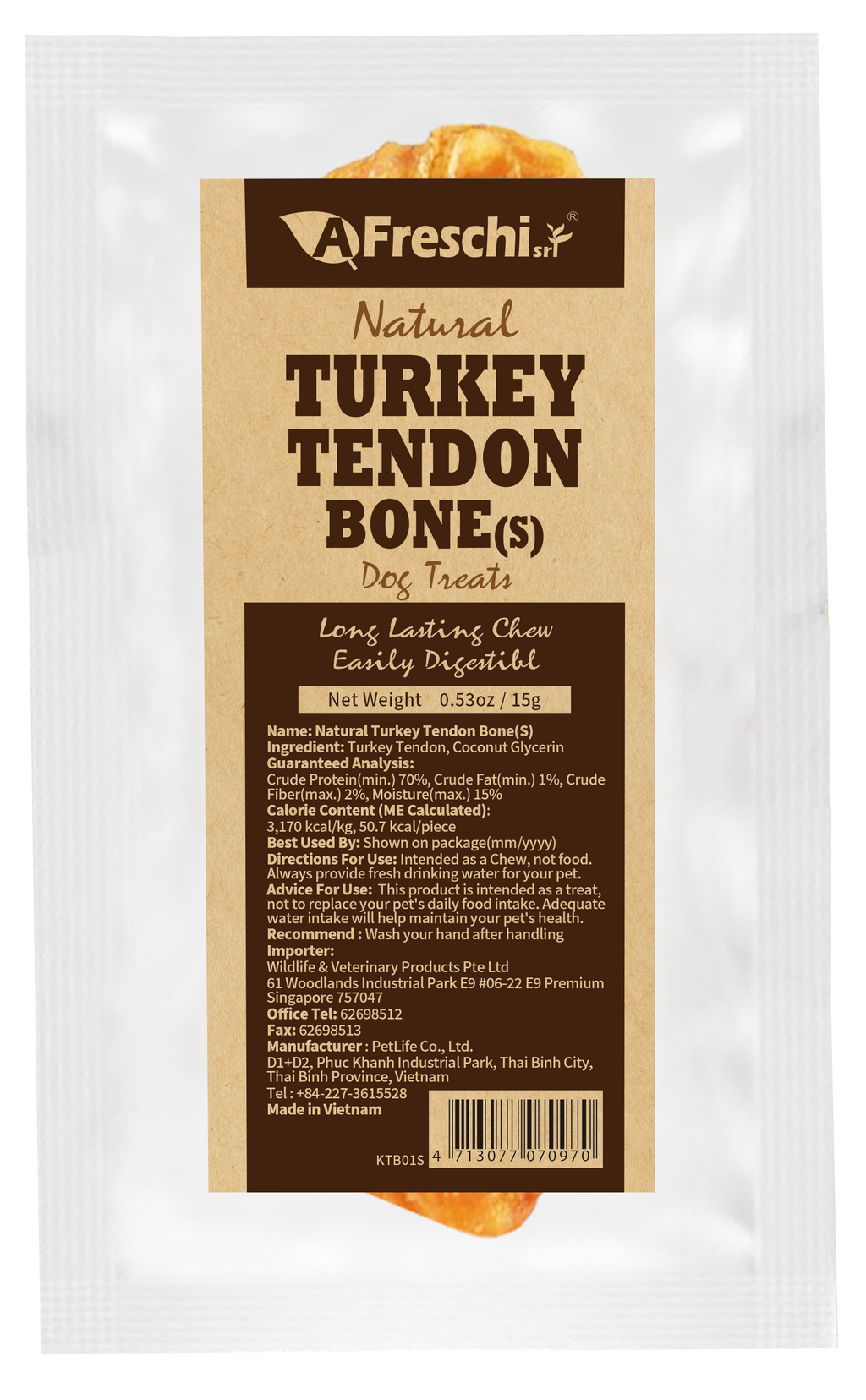AFreschi Natural Turkey Tendon Bone Dog Treat Chew - Small (S)
