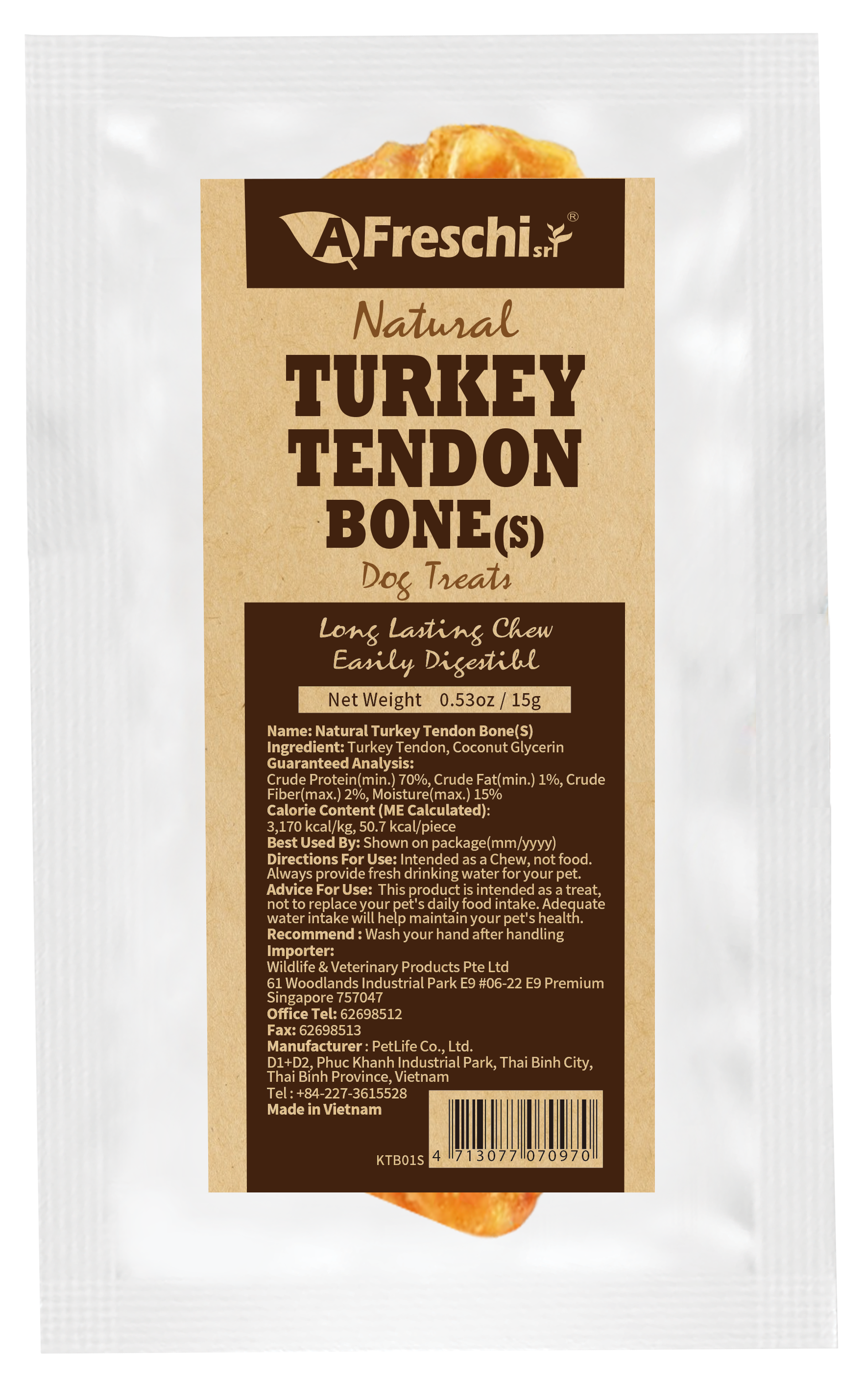 AFreschi Natural Turkey Tendon Bone Dog Treat Chew - Small (S)