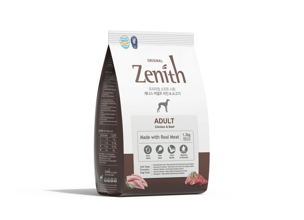 1.2kg brown bag of bowwow zenith soft kibble chicken beef dry dog food made in korea