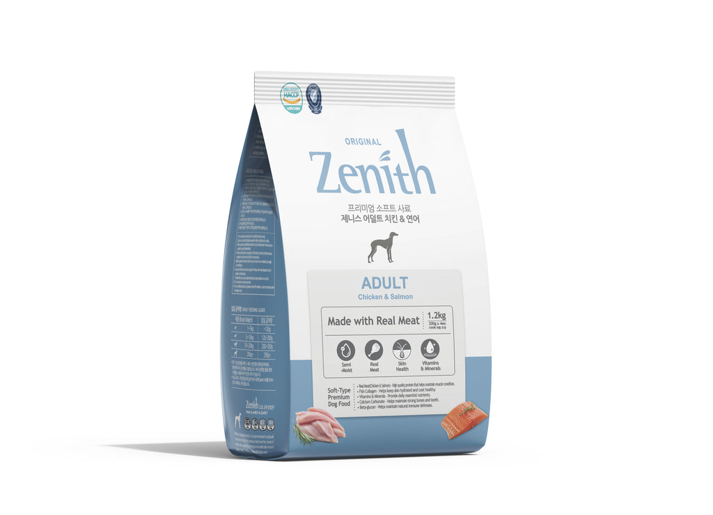 1.2kg light blue bag of bowwow zenith soft kibble chicken and salmon dry dog food made in korea