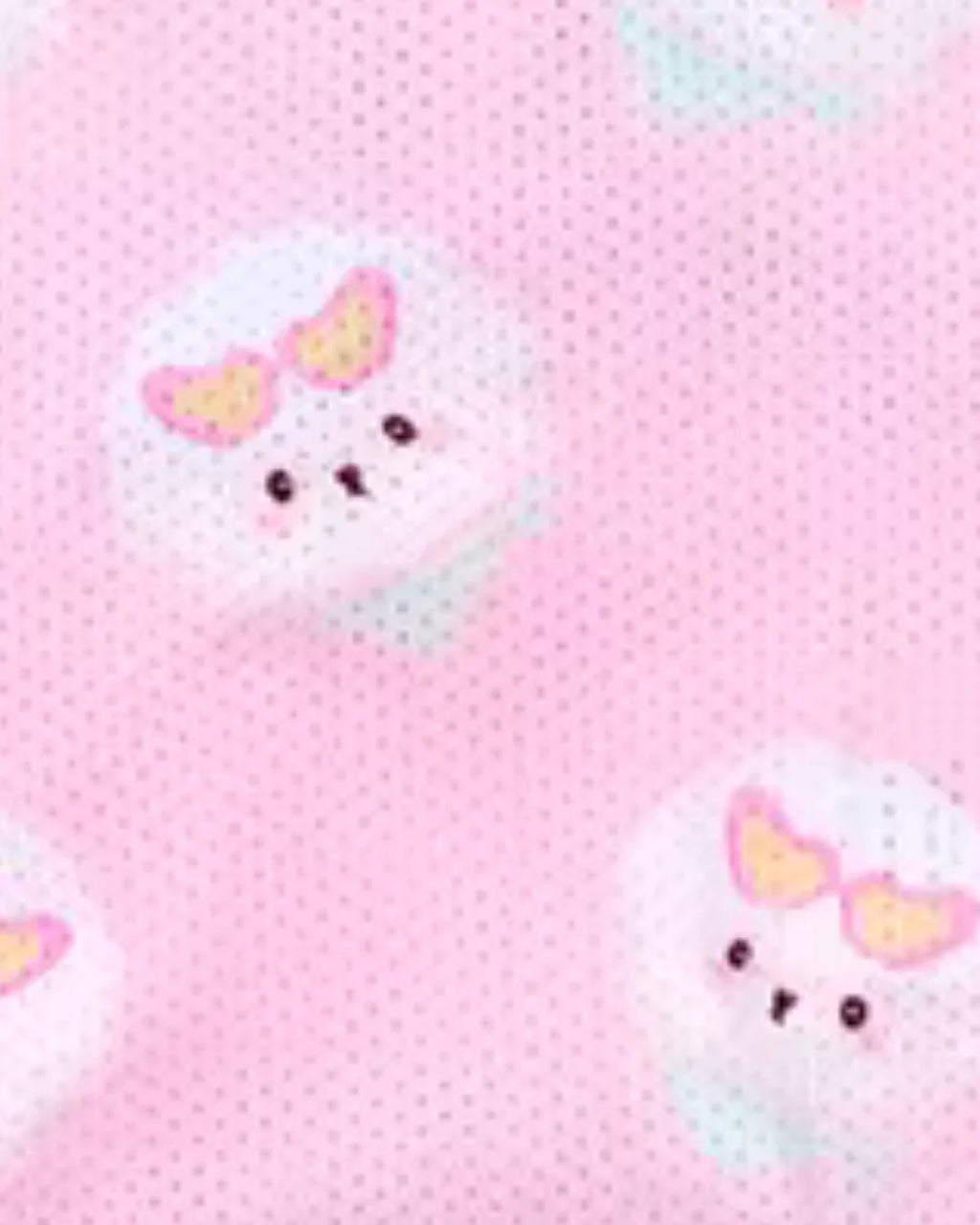 Pink cooking fabric with a repeating pattern of cute bichon frise wearing pink heart-shaped sunglasses.