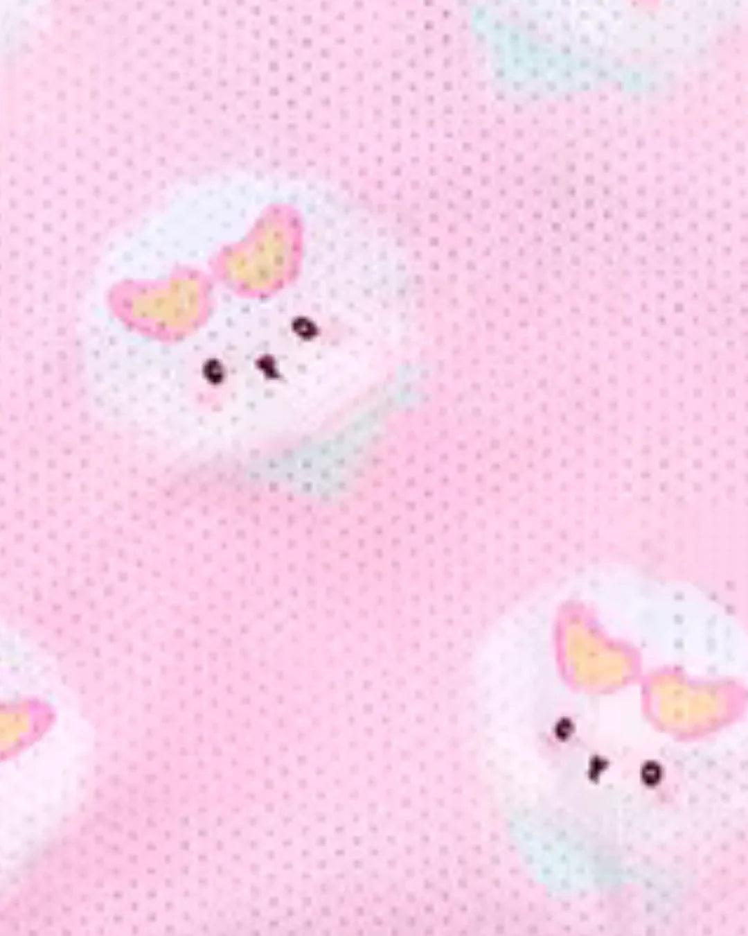 Pink cooking fabric with a repeating pattern of cute bichon frise wearing pink heart-shaped sunglasses.