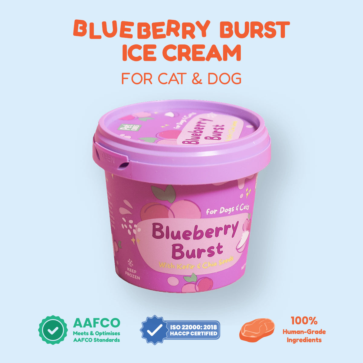 Purple ice cream tub of PetCubes Blueberry Burst