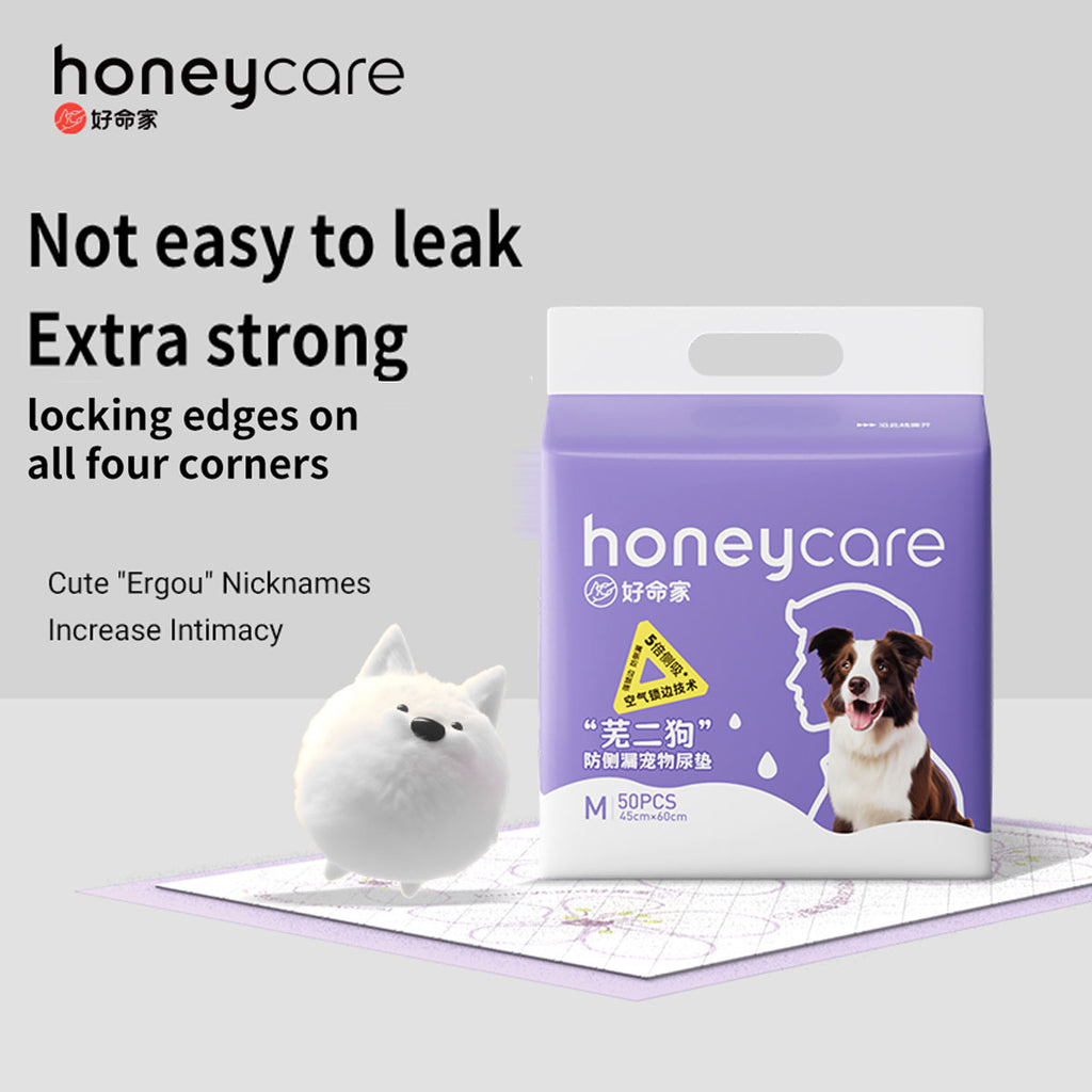 honeycare pee pads packaging with a dog illustration on a light gray background