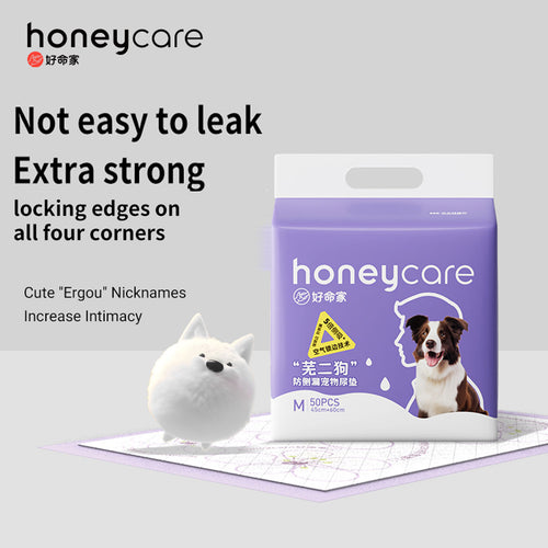 honeycare pee pads packaging with a dog illustration on a light gray background