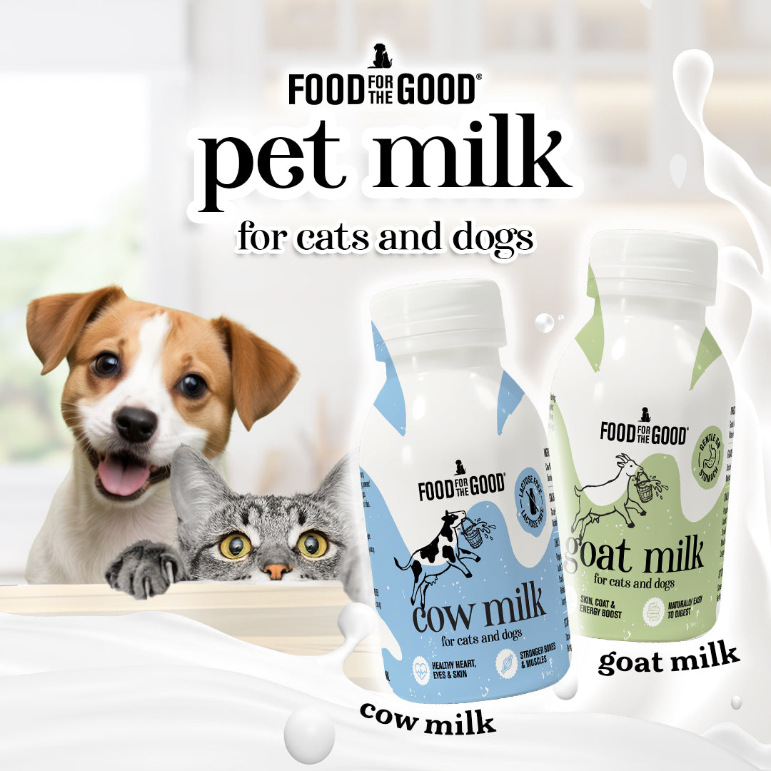 Bottles of cow and goat milk for pets with a dog and cat in the background, branded 'Food for the Good'.