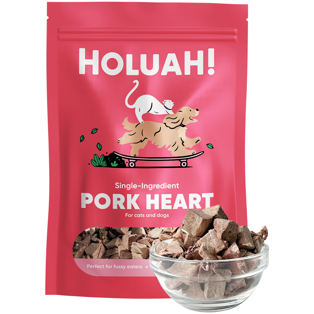 A pink stand-up pouch of HOLUAH! Single-Ingredient Pork Heart dog treats, shown with a small clear glass bowl filled with the brown cube-shaped treats in front. The package features a cartoon illustration of a cat and dog on a skateboard.