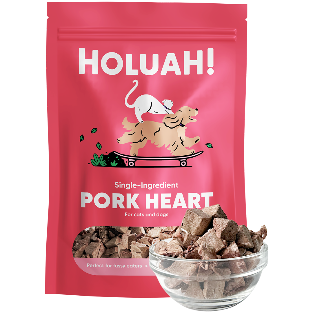 A pink stand-up pouch of HOLUAH! Single-Ingredient Pork Heart dog treats, shown with a small clear glass bowl filled with the brown cube-shaped treats in front. The package features a cartoon illustration of a cat and dog on a skateboard.