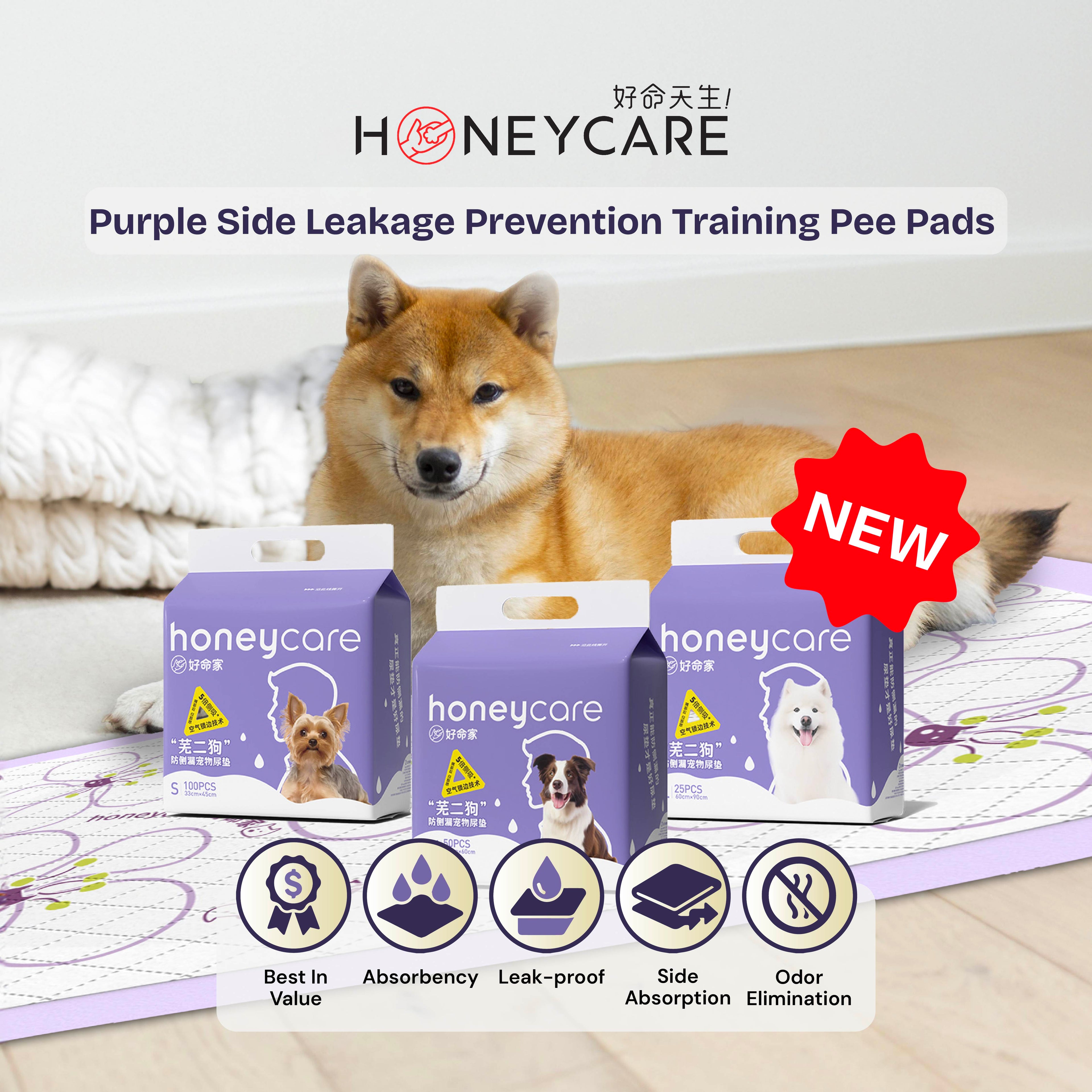 Honeycare purple side leakage prevention training pee pads with a dog in the background