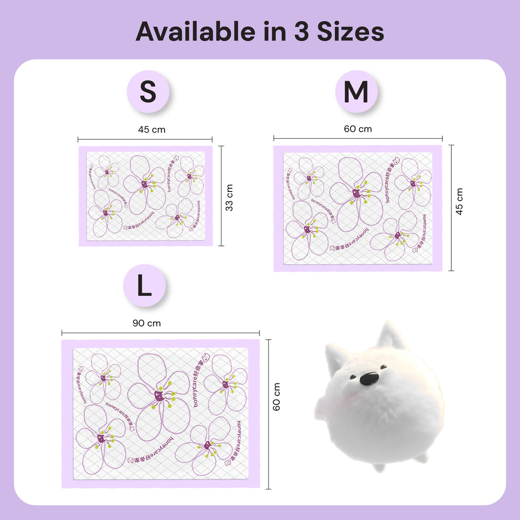 Measurement chart for pee pad sizes S, M, and L