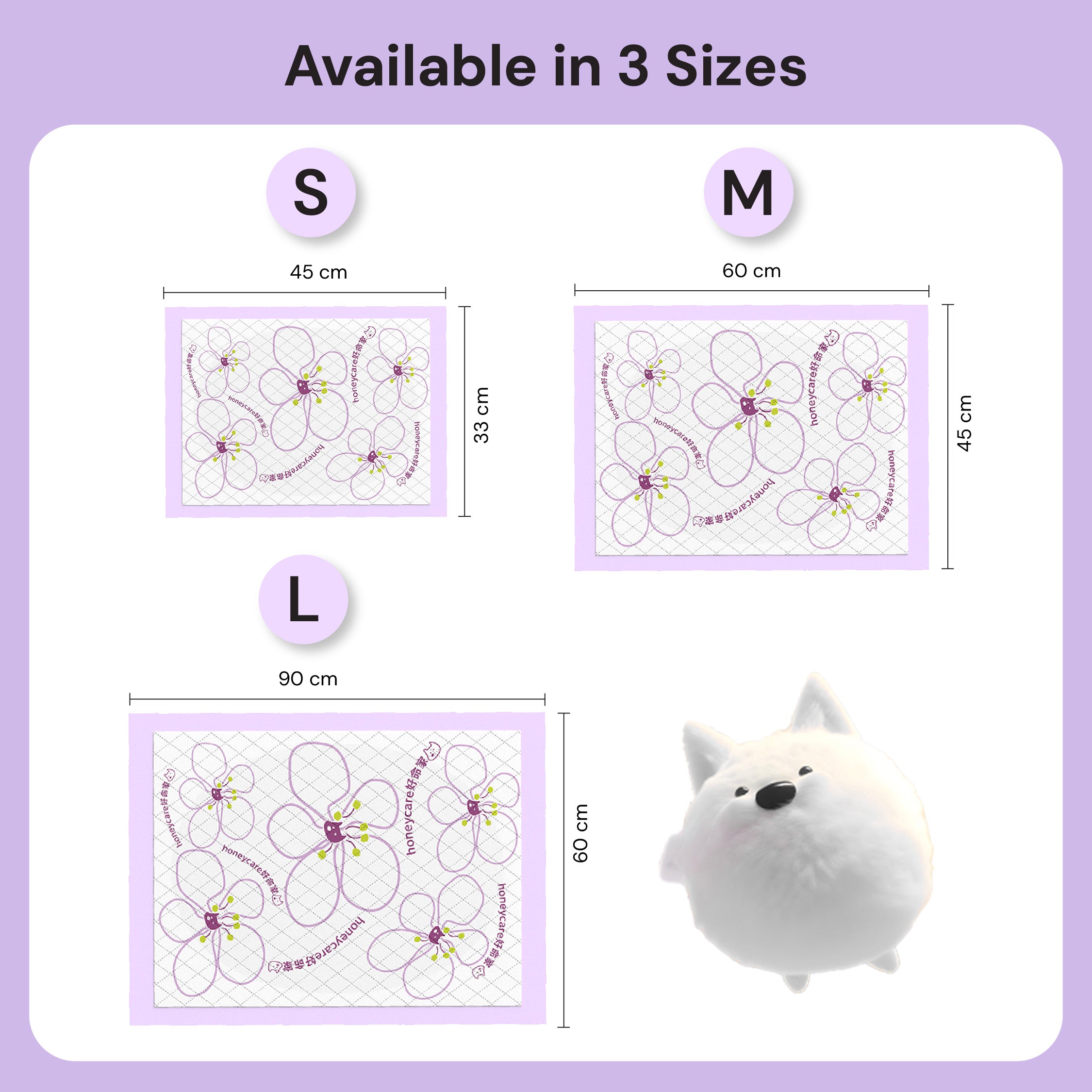 Measurement chart for pee pad sizes S, M, and L