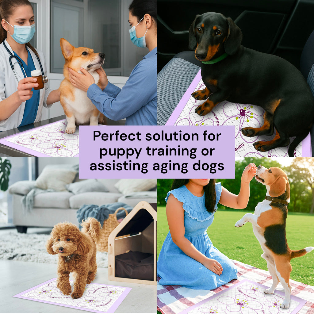pee pad being used for car rides, picnics, vet visits and for training puppies