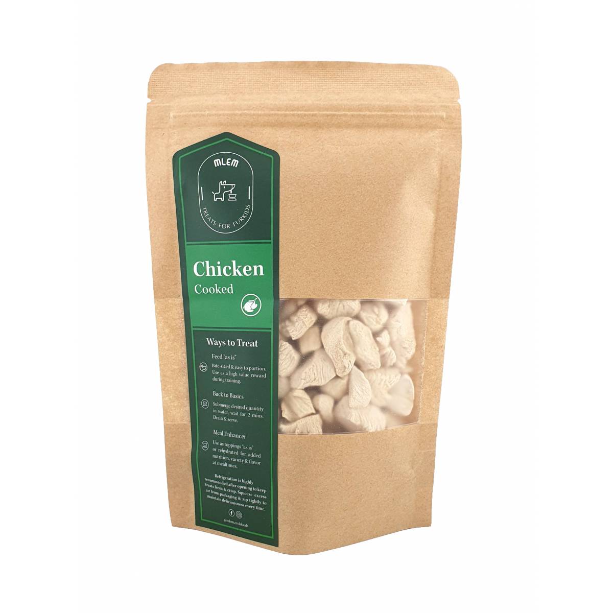 zippable packaging of mlem for freeze dried cooked chicken bite sized  for pets