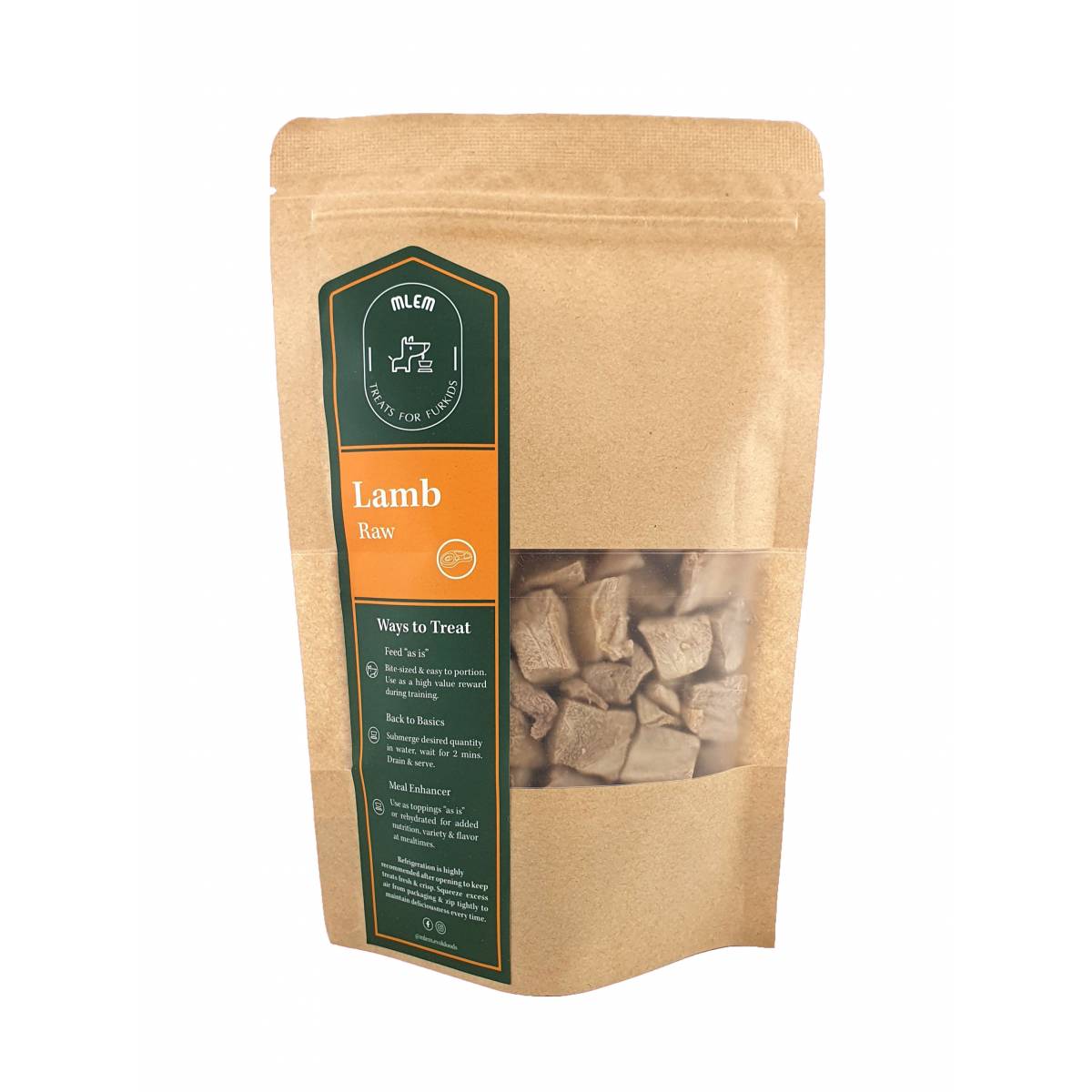 zippable packaging of mlem for freeze dried lamb bite sized cubes for pets