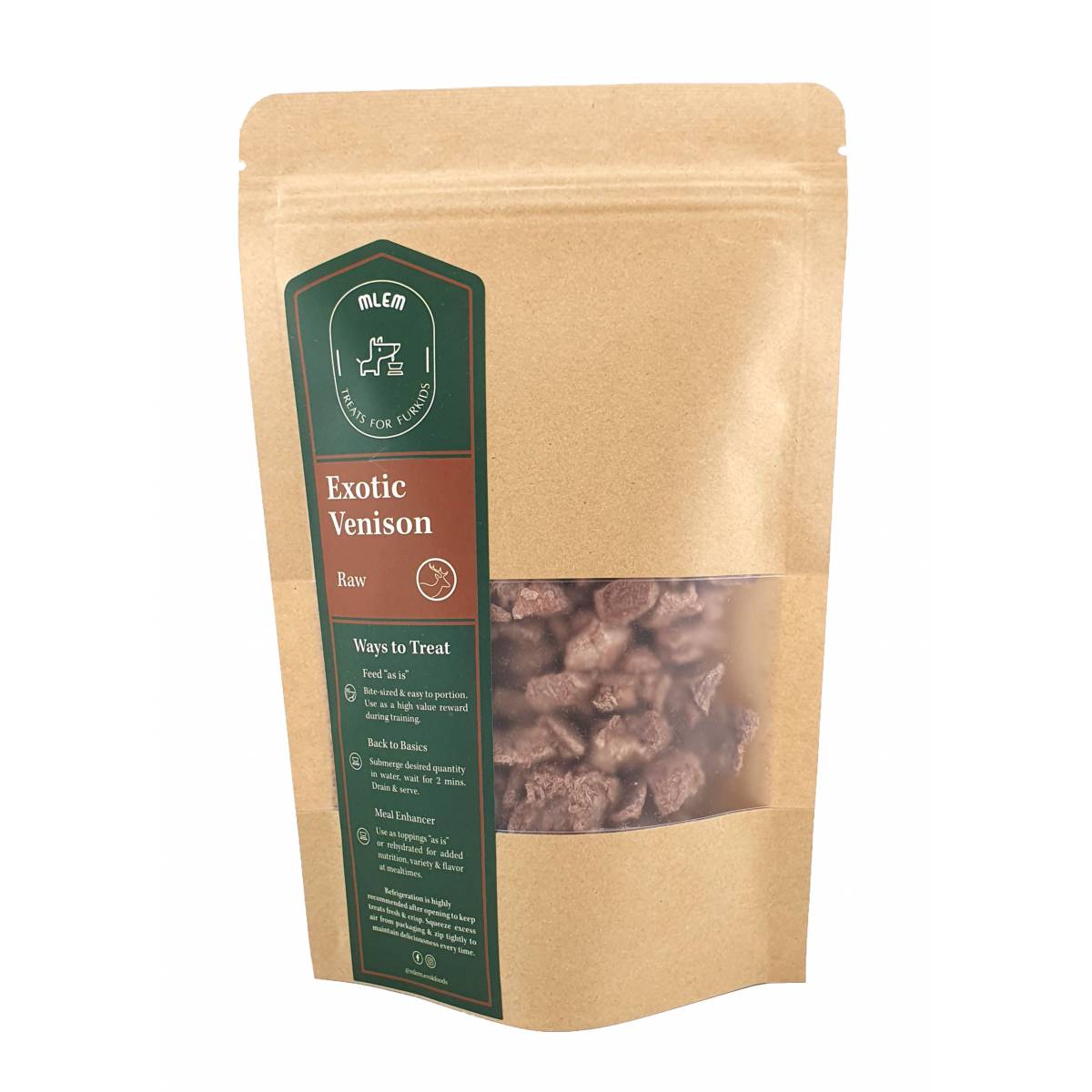 zippable packaging of mlem for freeze dried venison bite sized cubes for pets