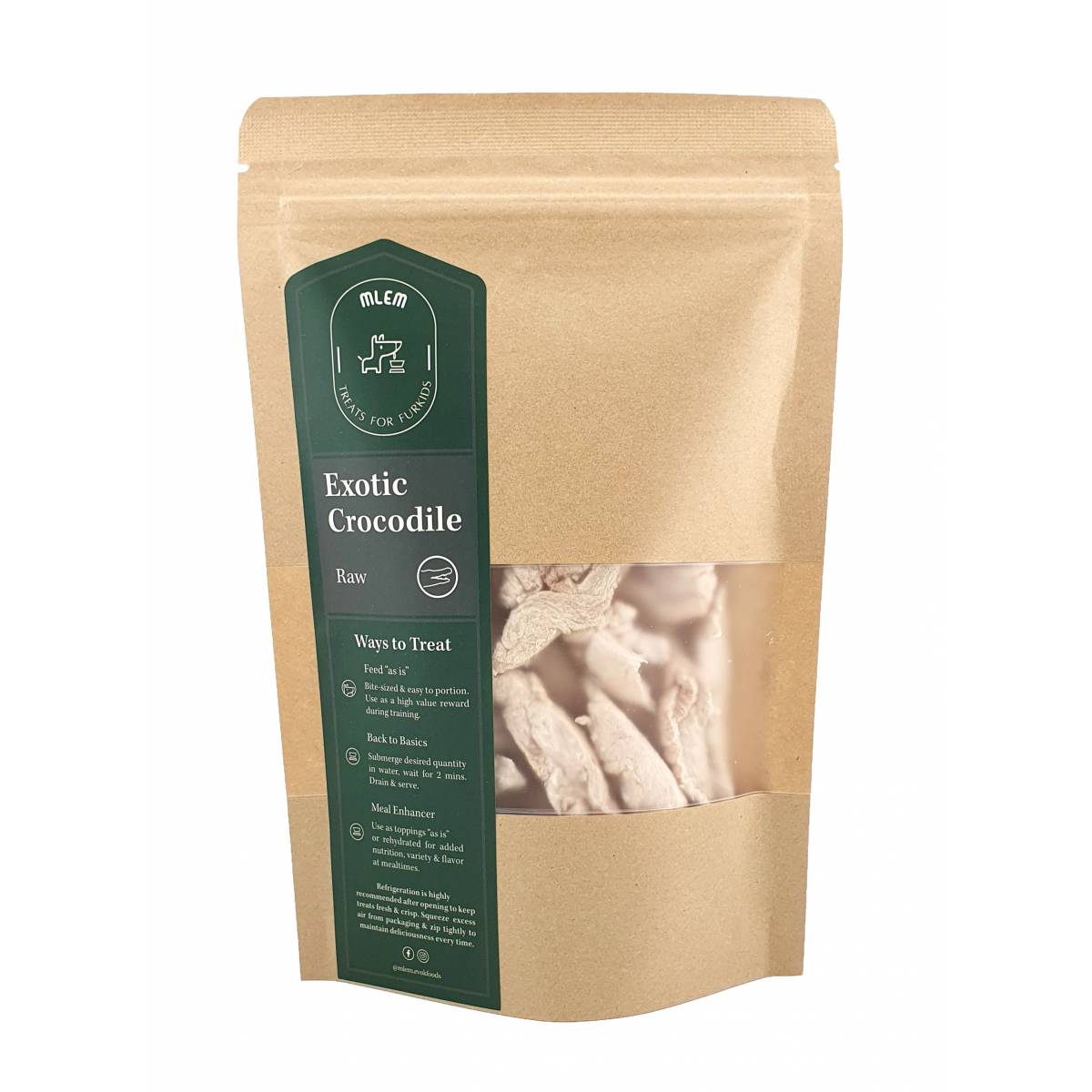 zippable pouch packaging of Mlem Evok Foods for freeze dried crocodile strips