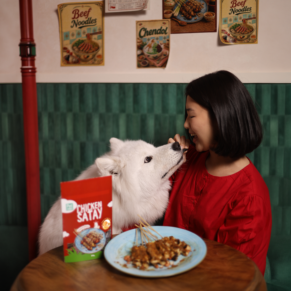 dog eating chicken satay pet treat from Petcubes limited-edition National Day range 