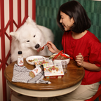White dog eating PetCubes National Day hawker inspired pet food