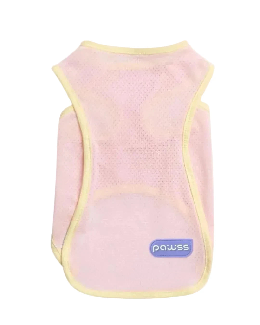 A pink mesh dog vest with light yellow trim, featuring a blue 'pawss' logo patch on the front, shown against a light cream background.