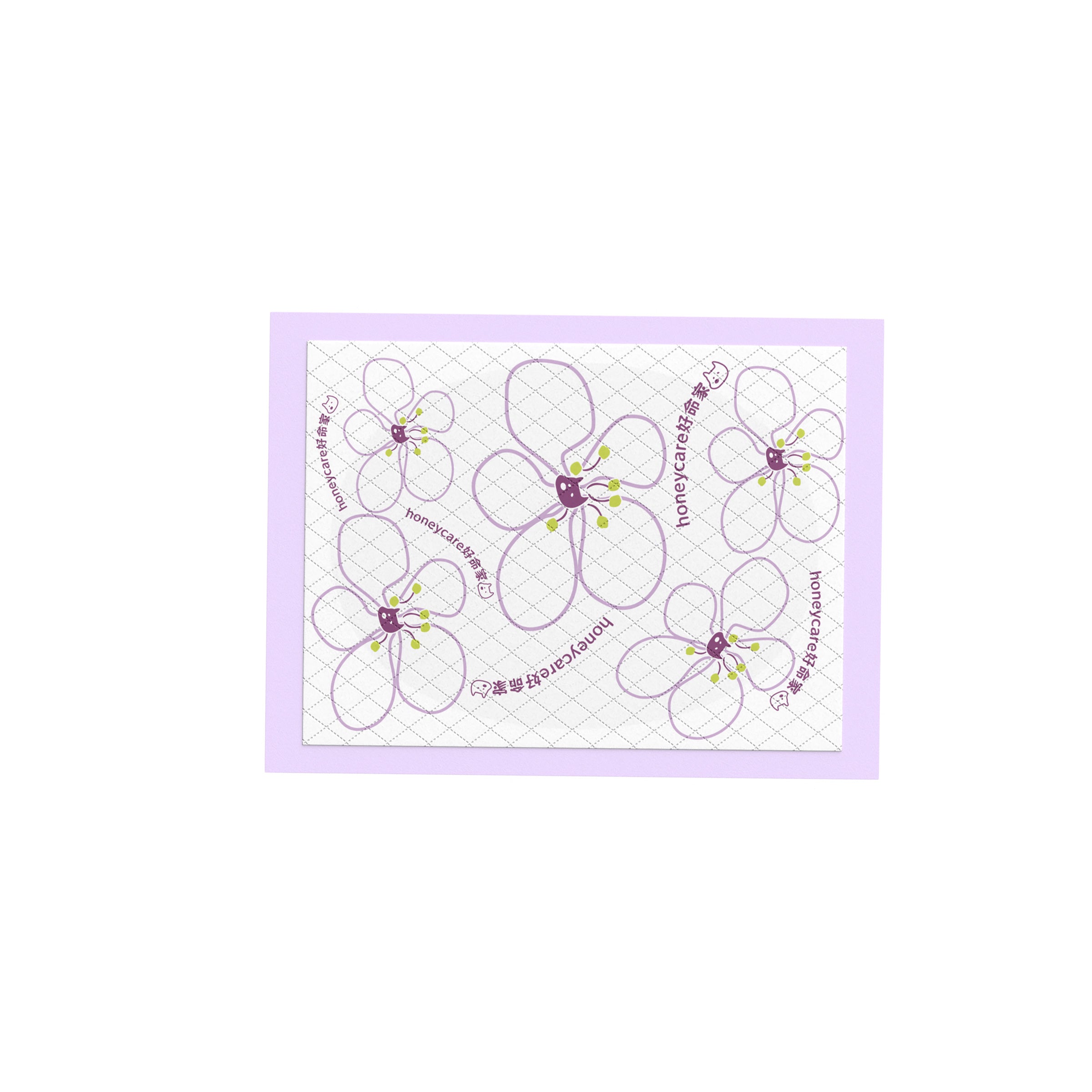 Pee pad with Flower-shaped stickers with a purple border on a white background
