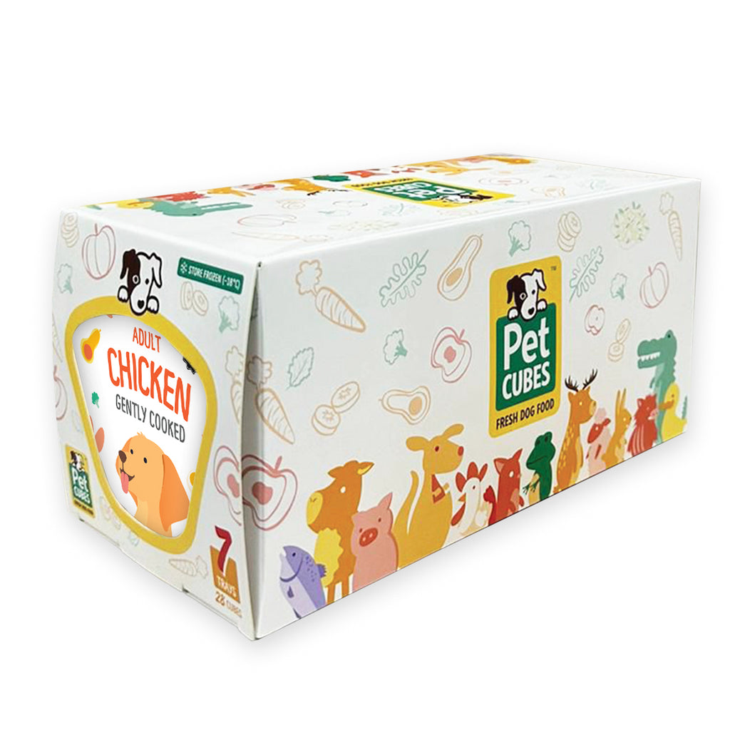 Box of Pet Cubes Adult Chicken dog food on a white background