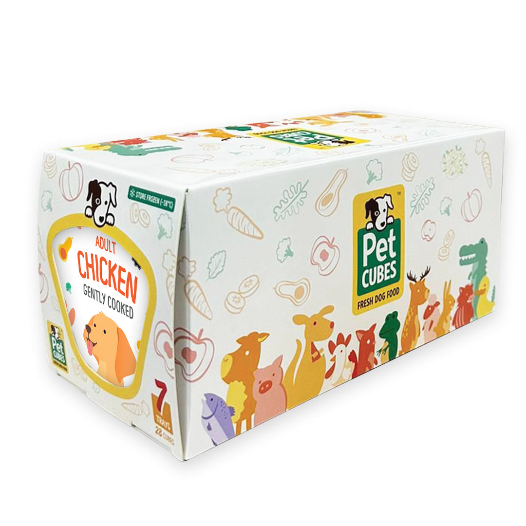 Box of Pet Cubes Adult Chicken dog food on a white background