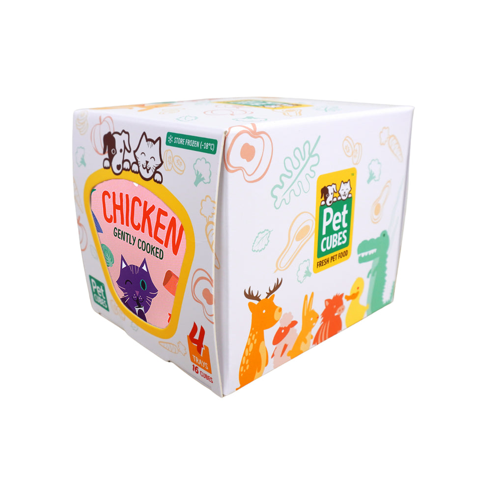 PetCubes gently cooked chicken cat food fresh in case 1.28kg on a white background