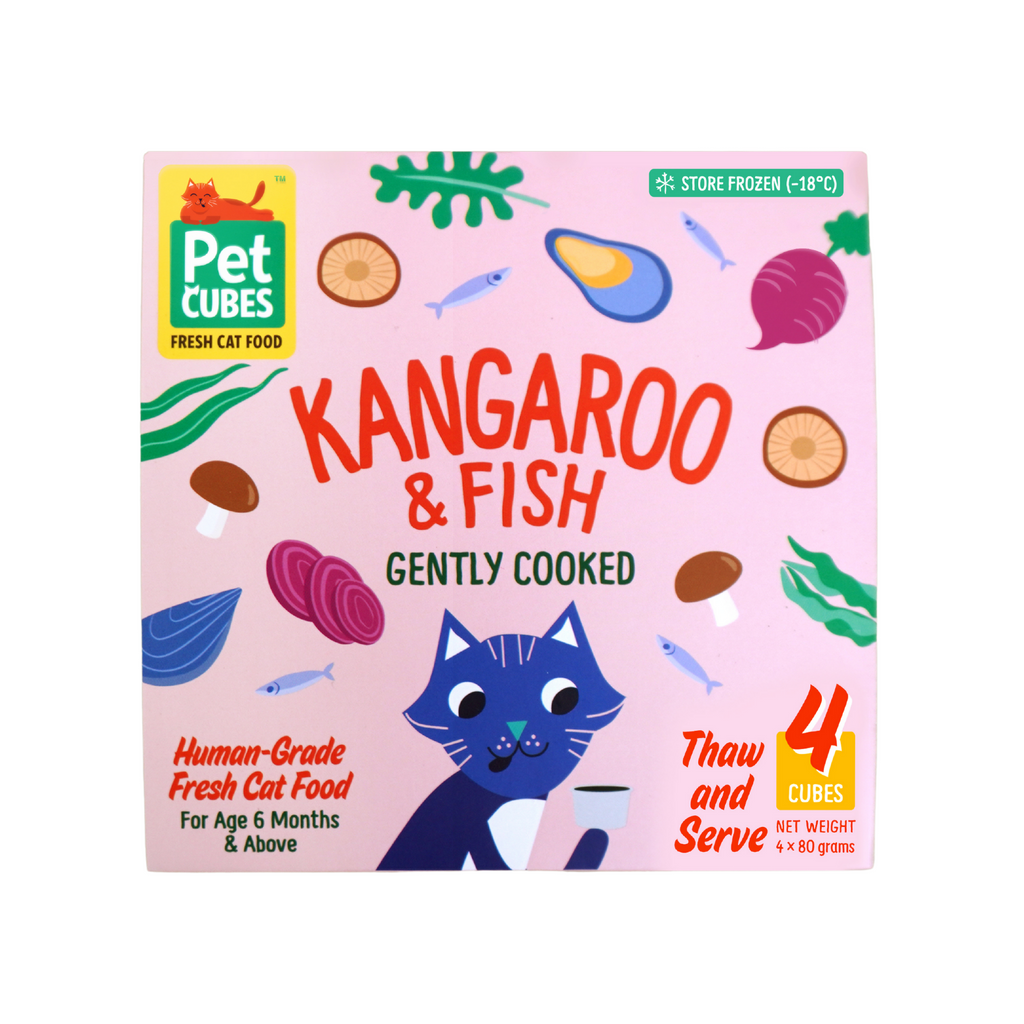 Pet Cubes Gently Cooked Kangaroo & Fish human grade fresh cat food for age 6 months and above.