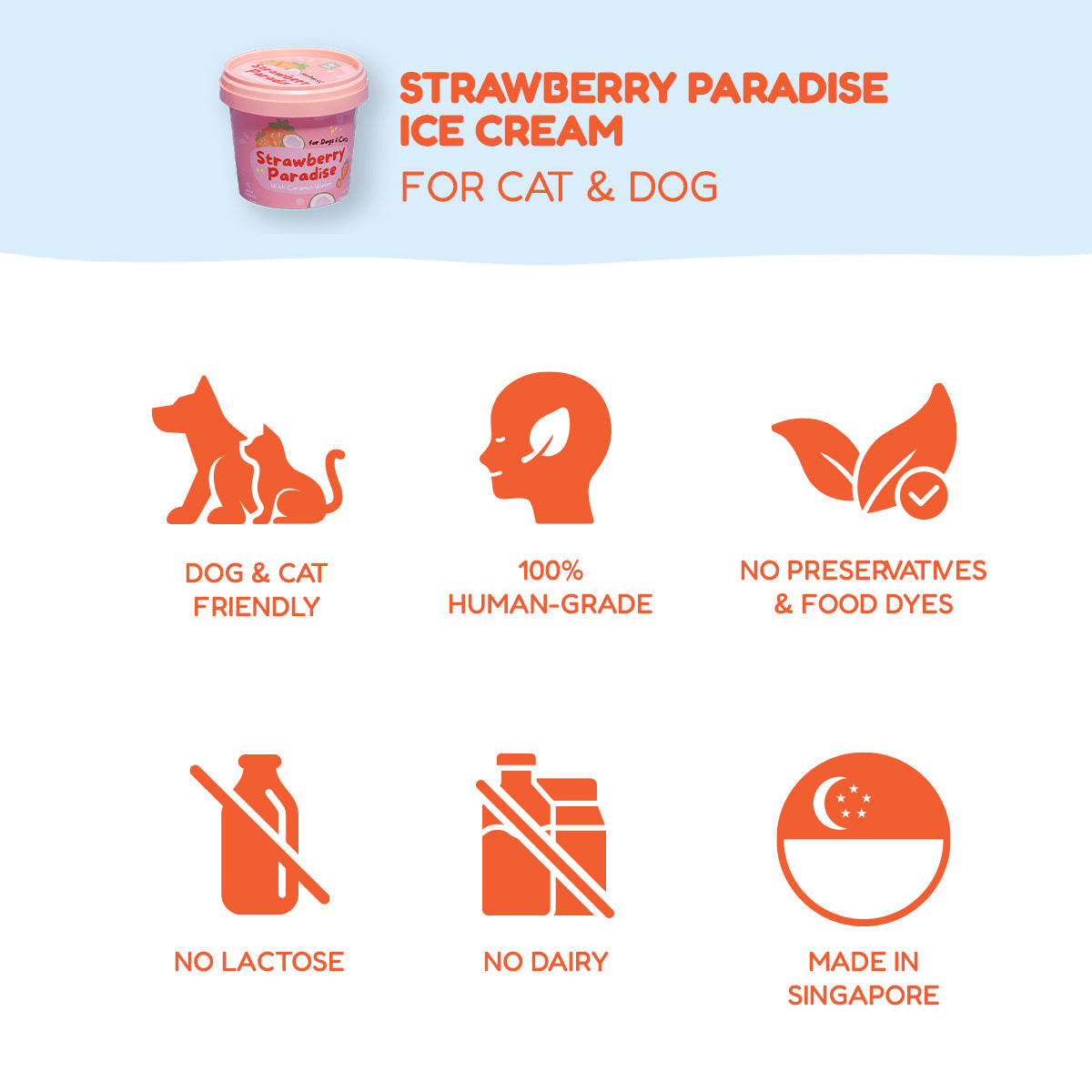 Benefits of PetCubes Ice Cream Strawberry Paradise for cat and dog, showing a small pink with claims like 100% human-grade, no preservatives, no lactose, no dairy, and made in Singapore.