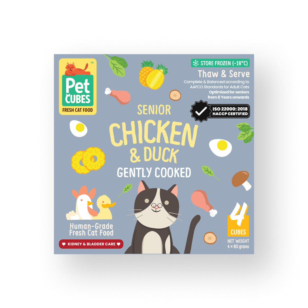 PetCubes Senior Cat Gently Cooked   Food Chicken and Duck Tray 320g - Waku Waku Pets