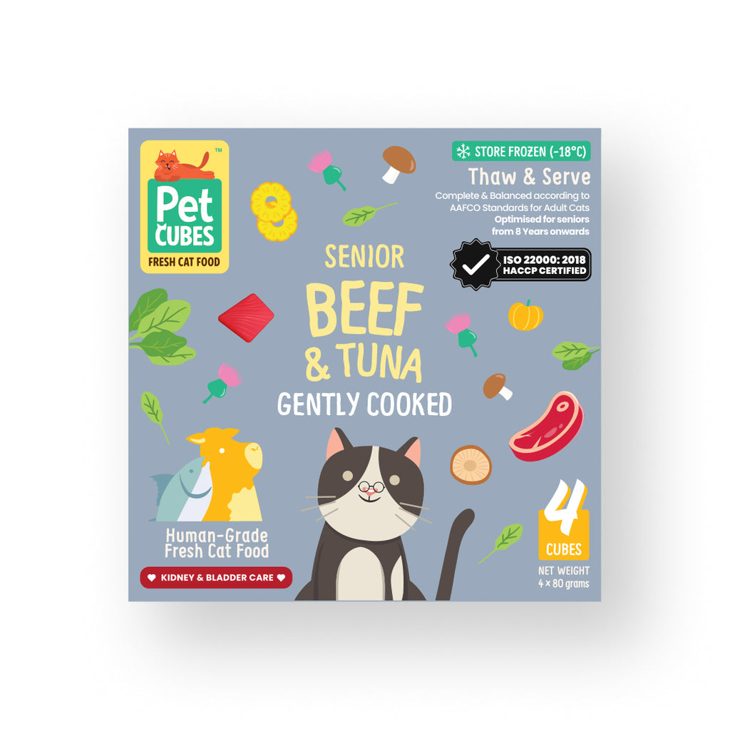 PetCubes Senior Beef & Tuna gently cooked fresh cat food packaging. , a "Kidney & Bladder Care" highlight, an ISO 22000 and HACCP certification badge, and details indicating it is human-grade, store-frozen, complete and balanced for senior cats from 8 years onwards, containing 4 cubes per tray