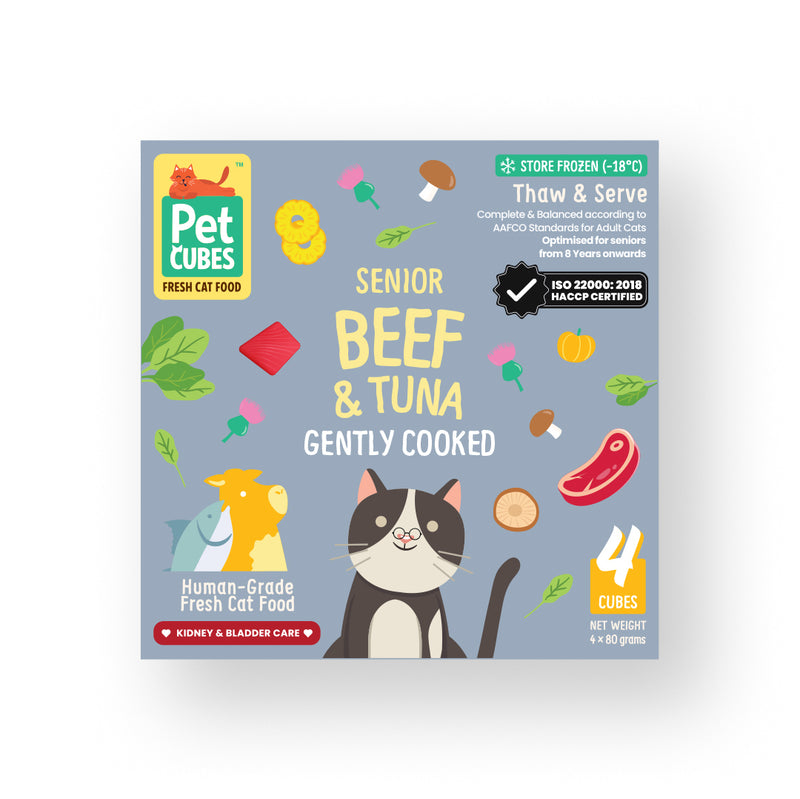 PetCubes Senior Beef & Tuna gently cooked fresh cat food packaging. , a "Kidney & Bladder Care" highlight, an ISO 22000 and HACCP certification badge, and details indicating it is human-grade, store-frozen, complete and balanced for senior cats from 8 years onwards, containing 4 cubes per tray