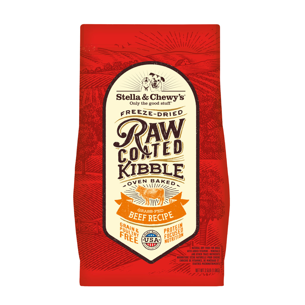 bag of stella and chewy's freeze-dried raw coated kibbles for dogs in beef recipe 3.5lb 1.6kg
