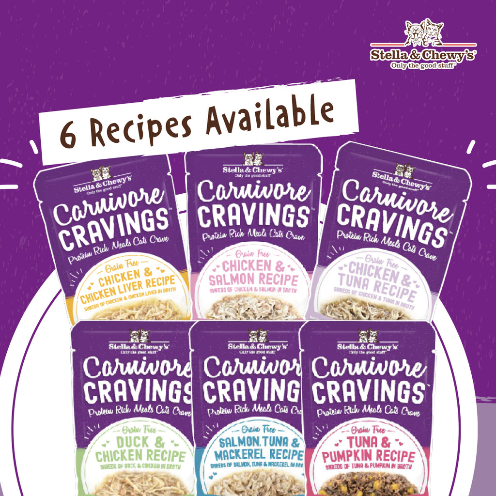 Stella & Chewy's Carnivore Cravings grain-free wet cat food pouches showing 6 available shredded recipes in broth: Chicken & Chicken Liver, Chicken & Salmon, Chicken & Tuna, Duck & Chicken, Salmon, Tuna & Mackerel, and Tuna & Pumpkin