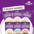 Stella & Chewy's Carnivore Cravings grain-free wet cat food pouches showing 6 available shredded recipes in broth: Chicken & Chicken Liver, Chicken & Salmon, Chicken & Tuna, Duck & Chicken, Salmon, Tuna & Mackerel, and Tuna & Pumpkin