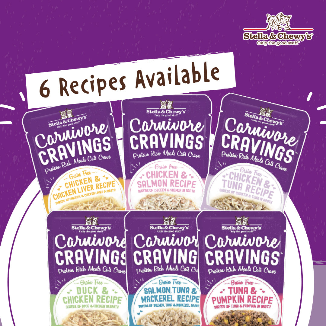 Stella & Chewy's Carnivore Cravings grain-free wet cat food pouches showing 6 available shredded recipes in broth: Chicken & Chicken Liver, Chicken & Salmon, Chicken & Tuna, Duck & Chicken, Salmon, Tuna & Mackerel, and Tuna & Pumpkin