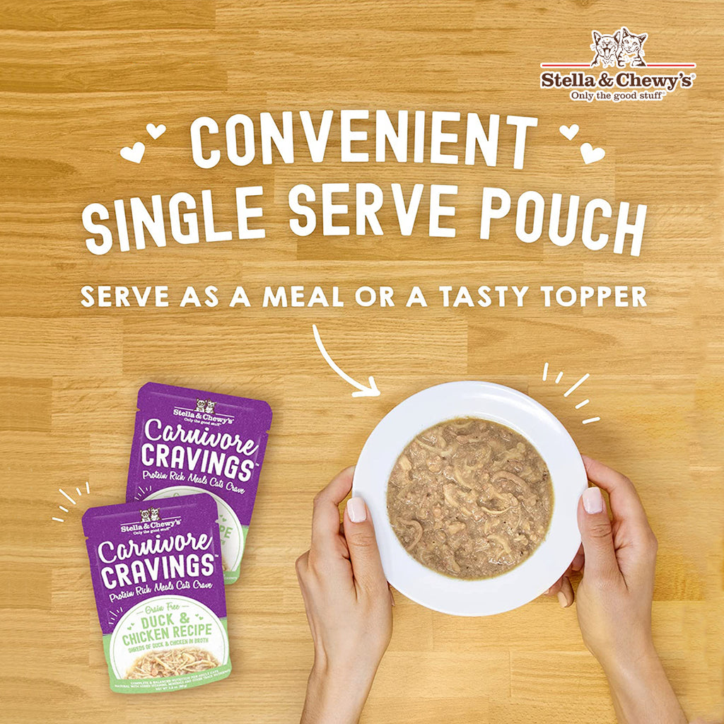stella and chewy's carnivore cravings single serve pouch and a bowl of wet cat food