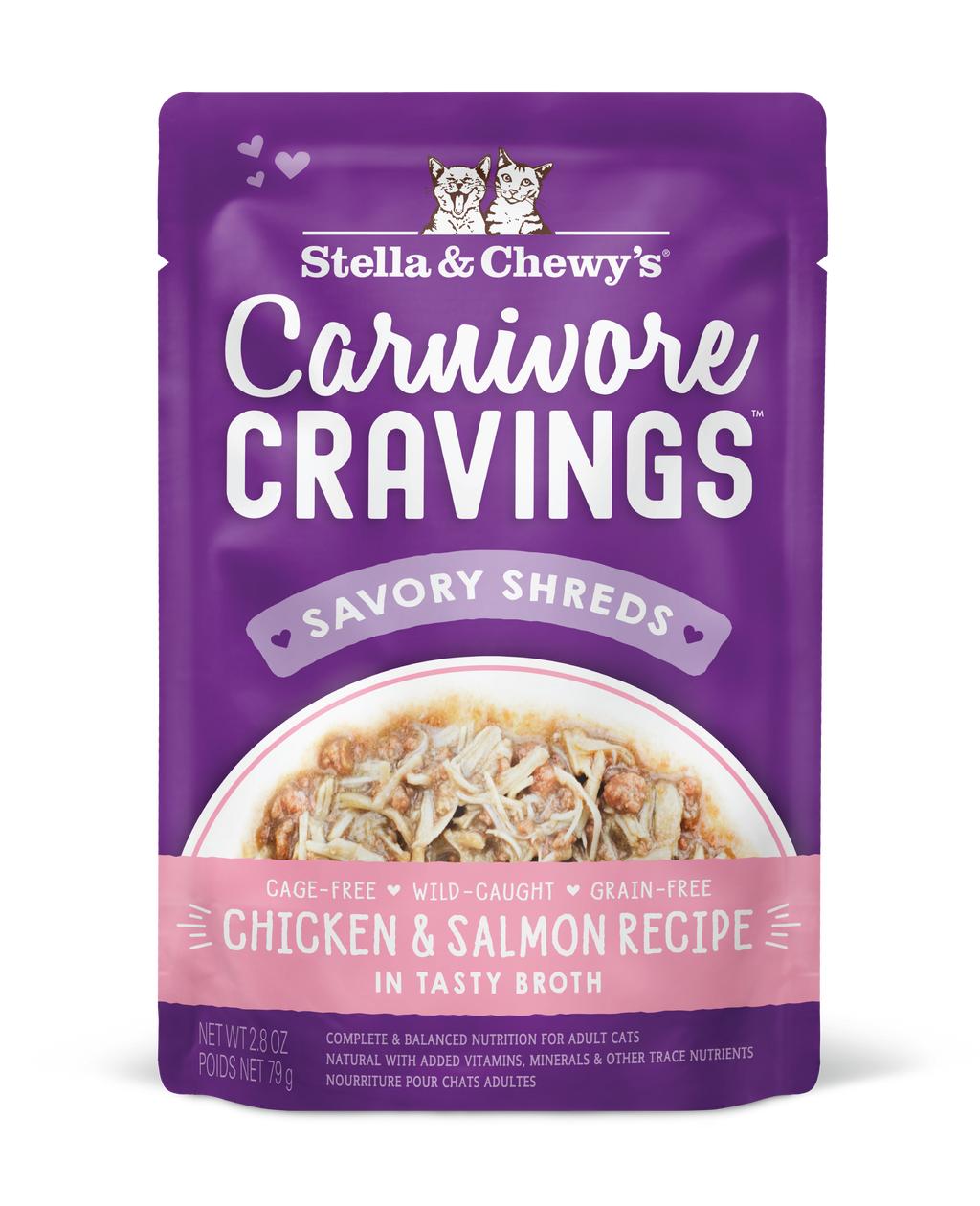 Stella & Chewy's Carnivore Cravings Savory Shreds in Broth Grain-Free Pouch Cat Food 2.8oz - Chicken & Salmon